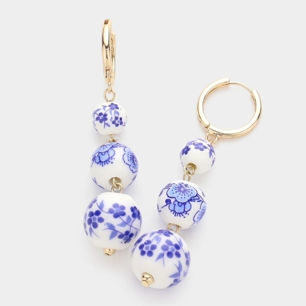 NWT Triple Floral Printed Ceramic Ball Link Dropdown Dangle Earrings